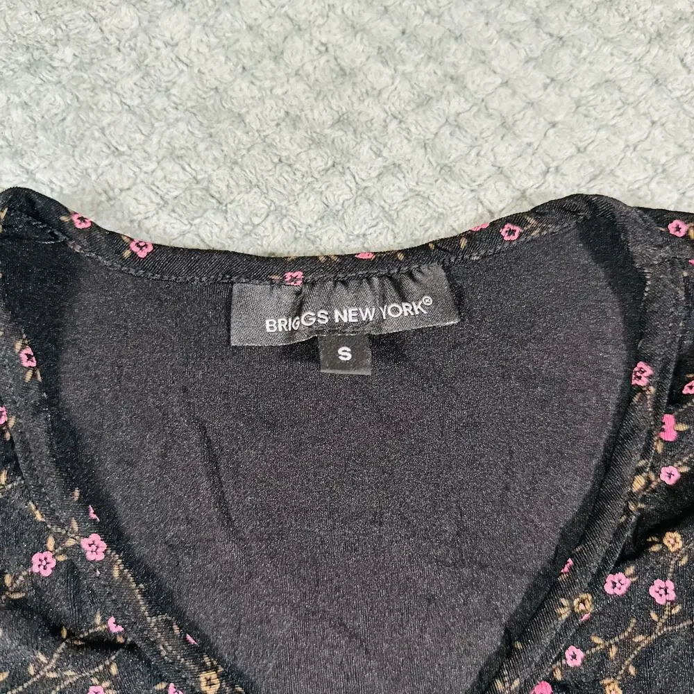 vtg y2k black/pink floral paisley quarter sleeve blouse s briggs ny office siren - Picture 4 of 5